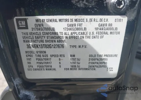 2002 Chevrolet Avalanche 1500 z USA, uszkodzony, nr VIN 3GNEK13T82G127676